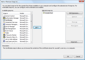 Add certificates snap-in to MMC